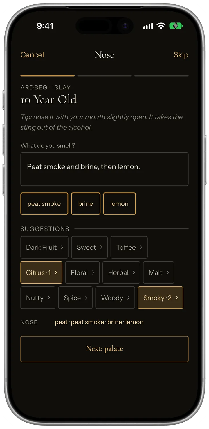 The nose step of a tasting: a typed note with the flavour words it picked out.