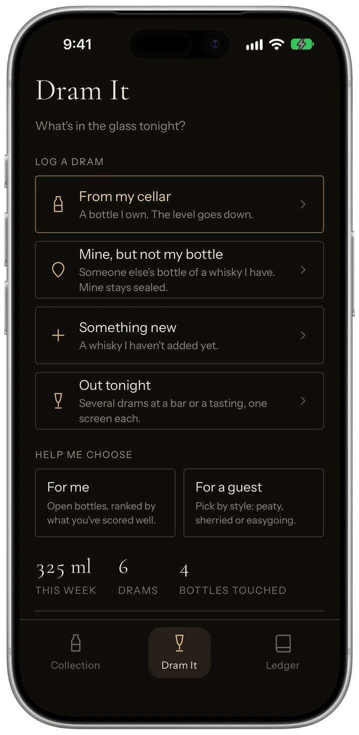 The Dram It tab: ways to log a dram and this week's pours.